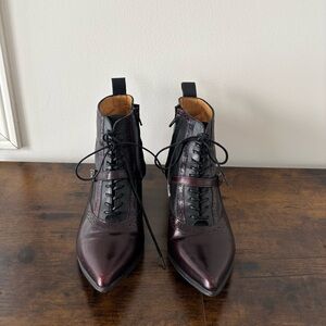 John Fluevog Half Truth Bronte Elegant Burgundy Lace-Up Ankle Boots